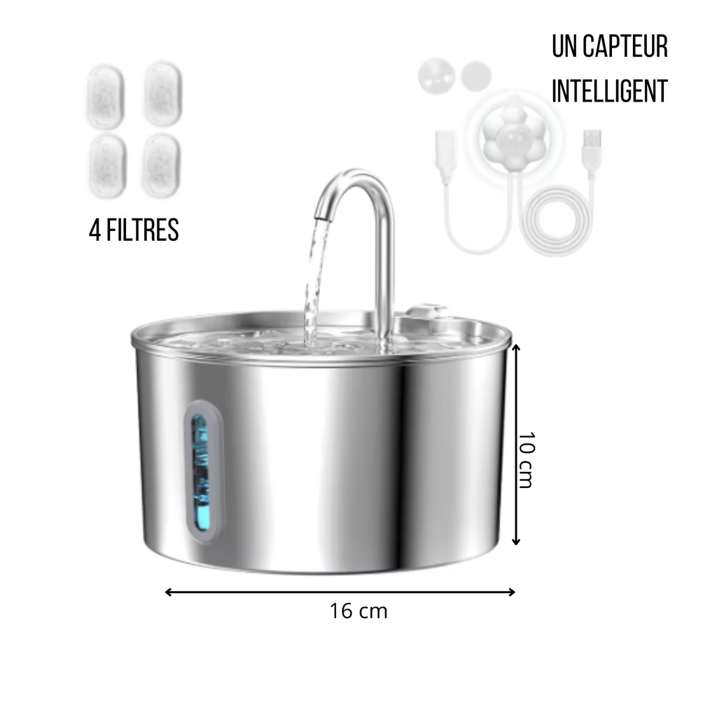 Fontaine à Eau en Acier Inoxydable Silencieuse en Inox avec Indicateur LED pour Chiens et Chats