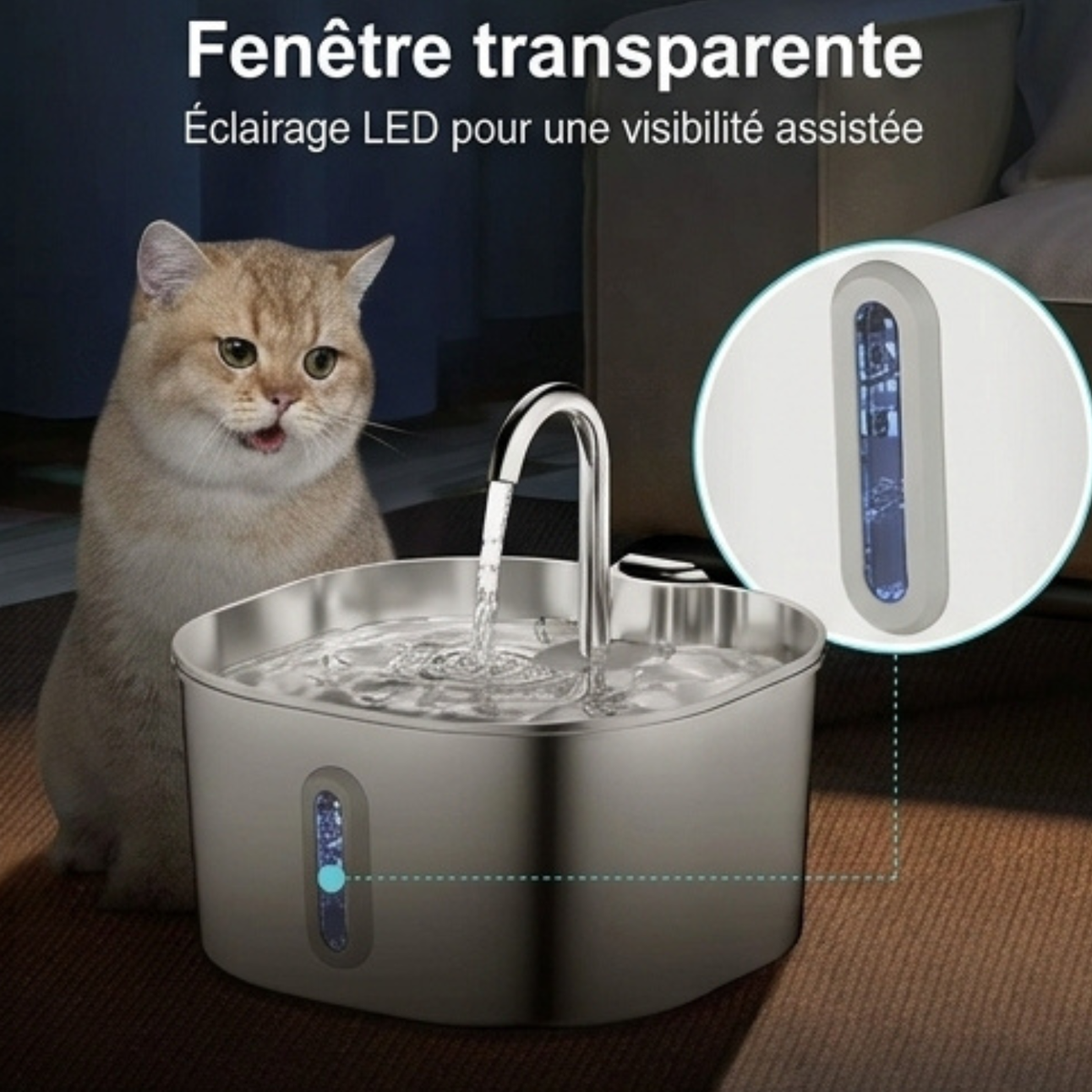 Fontaine à Eau en Acier Inoxydable Silencieuse en Inox avec Indicateur LED pour Chiens et Chats