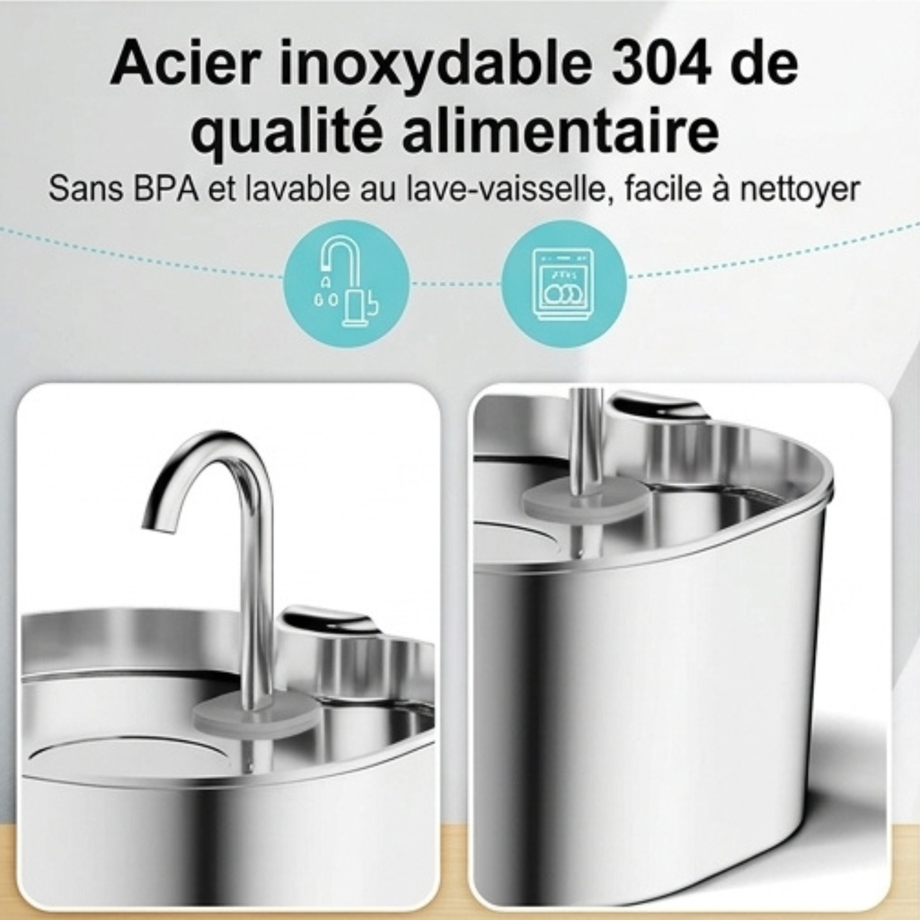Fontaine à Eau en Acier Inoxydable Silencieuse en Inox avec Indicateur LED pour Chiens et Chats