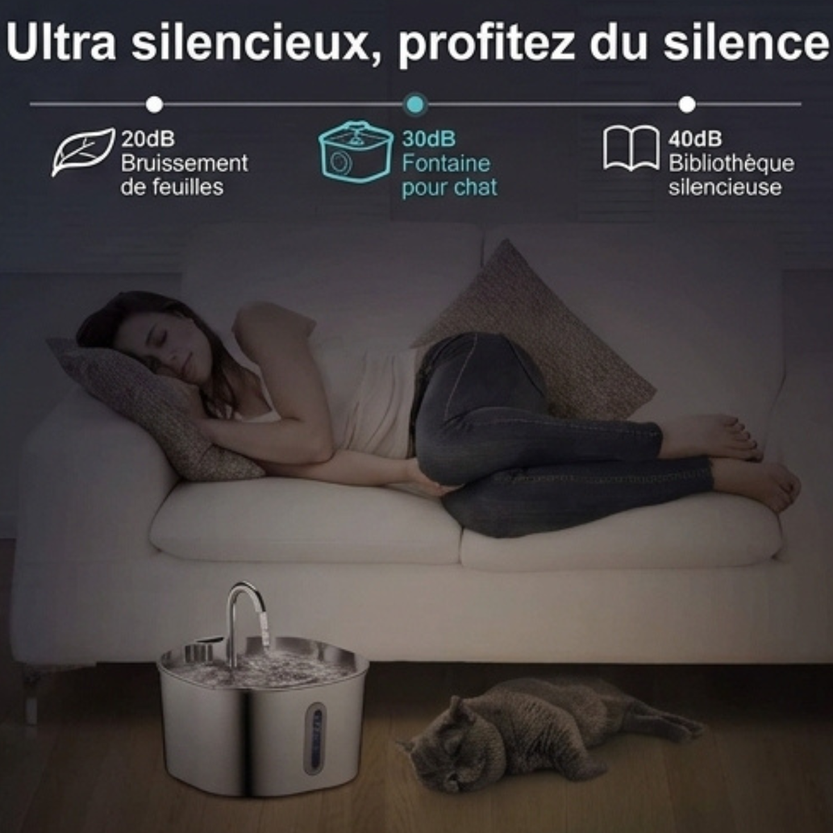 Fontaine à Eau en Acier Inoxydable Silencieuse en Inox avec Indicateur LED pour Chiens et Chats